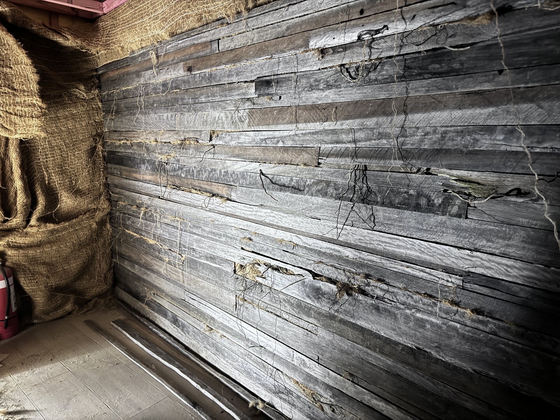 The cellar under construction — salvaged timber and hessian taking shape